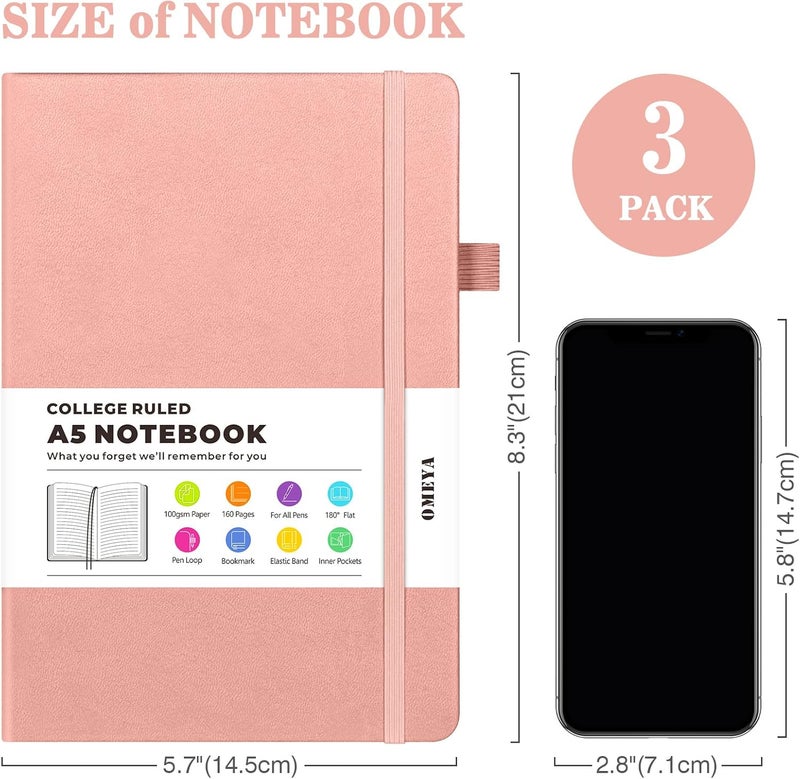 OMEYA Lined Journal Notebook, 3 Pack A5 College Ruled Notebooks for Work, Hardcover Notebook Each with 2 Pockets & Pen, Leather Journal for Women, Men, 160 Pages, 100GSM Thick Paper (Sky Blue, Pink, Ivory) - Image 5